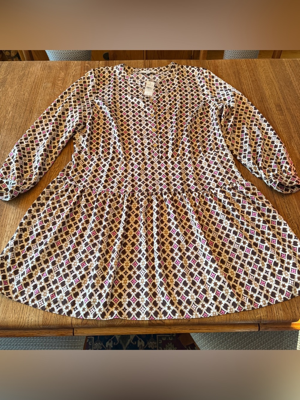 NWT LOFT Geometric Print Tiered Shirt Dress - Pink Brown Cream Size 18